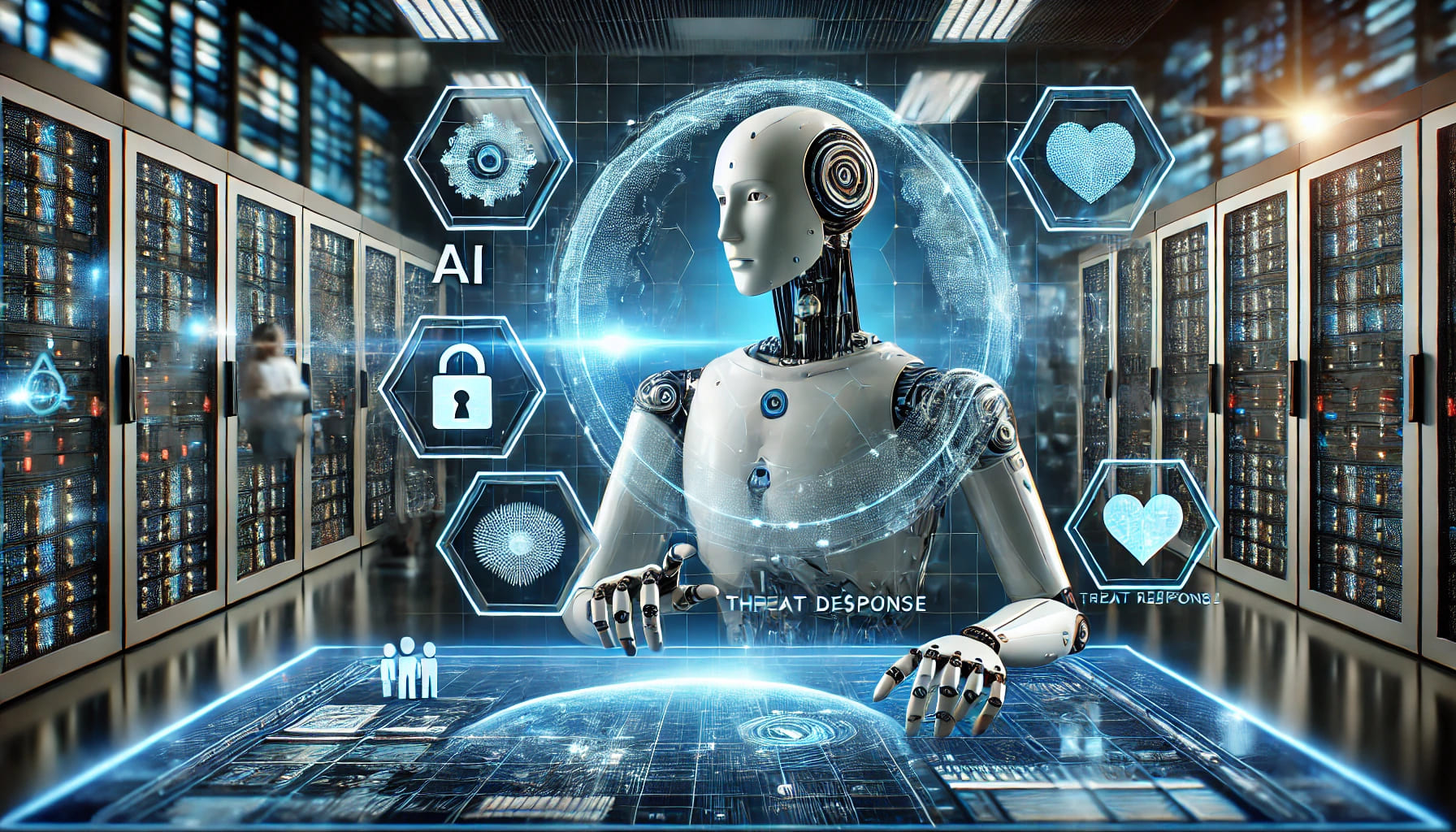 DALL·E 2025-03-27 09.39.30 - A futuristic cybersecurity concept illustrating AI-powered threat detection and response. The image features a digital network with glowing blue secur (1)